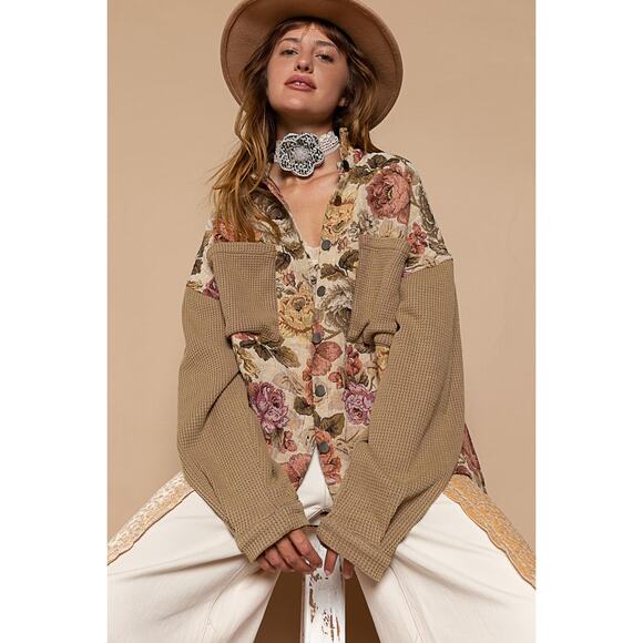 POL Jackets & Blazers - POL Latte Mocha Contrast Sleeves Button Down Floral Print Shacket